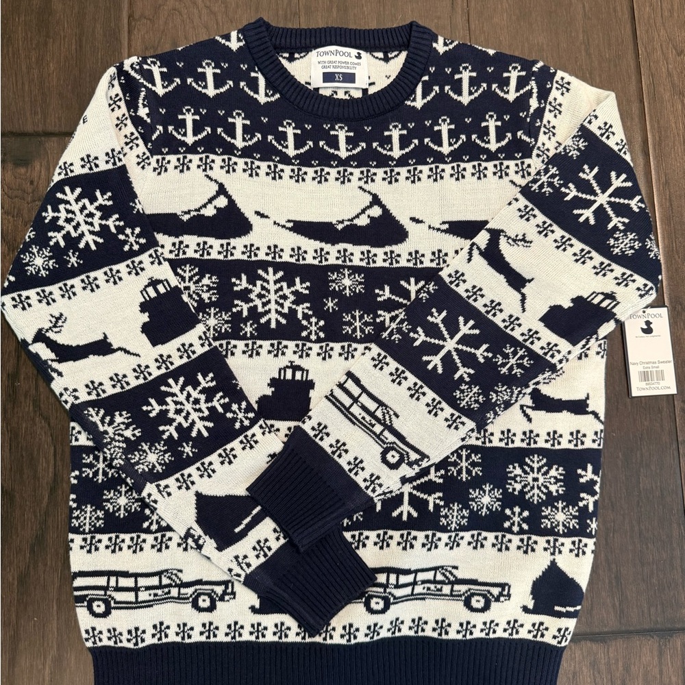 Navy and White Nantucket Nautical Anchor Pattern Sweater